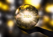 Letni horoskop 2026 za vse znake horoskopa fortunetelling 2026 with a crystal ball in a hand, festive atmosphere for happy new year party or award ceremony or other celebrations, 3d illustration