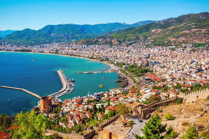 Kizil Kule Red Tower, Alanya castle and port aerial panoramic view in Alanya city, Antalya Province on the southern coast of Turkey