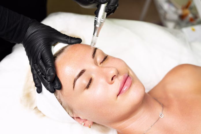 Microneedle RF lifting procedure. A cosmetologist performs a facial rejuvenation procedure on a woman. Hardware cosmetology.