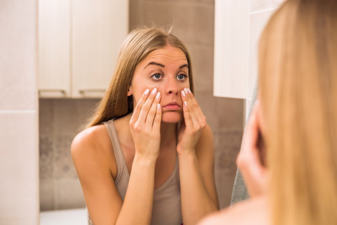 tired-woman-looking-her-eye-bags-in-the-bathroom-stockpack-istock Tired woman looking her eye bags in the bathroom.