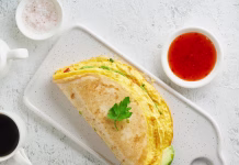 Najbolj viralna tortilja tega poletja: pripravljena v 10 minutah in navdušuje milijone Trendy breakfast with quesadilla and eggs, trending food with omelet, cheese, peppers, tomatoes, avocado. Simple and easy lunch, top view