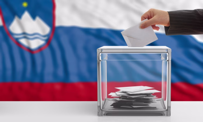 Voter on an waiving Slovenia flag background. 3d illustration