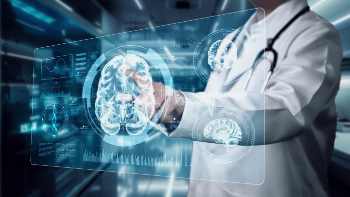 Close up of doctor pointing and looking at hologram of human brain. Professional neurologist wearing lab coat and checking x ray or brain anatomy while analyzing and preparing of surgery. Remedial.