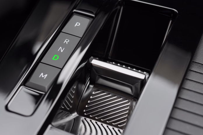 Close up of modern automatic transmission in D position (Drive)