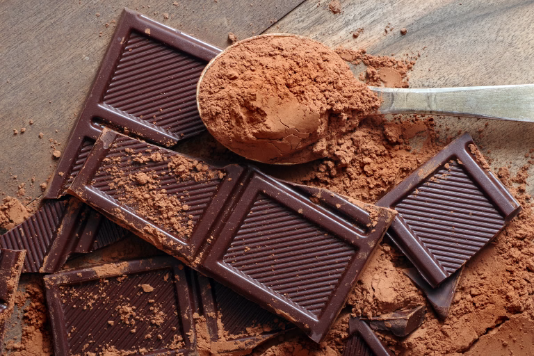 cocoa powder in a spoon and pieces of broken chocolate bar. top view