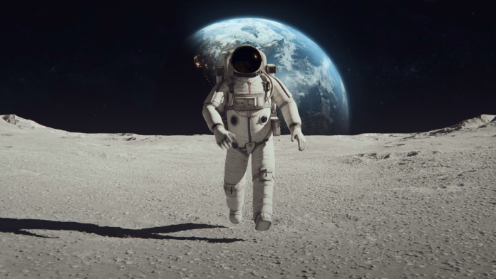 Earth Planet as seen from Moon surface. The surface of Moon, strewn with small rocks and sand. Flight over Moon craters. Lunar outpost in the distance. Apollo Mission inspired. Following Shot of Brave Astronaut in Space Suit Confidently Walking on the Moon Surface. Space Planet as viewed from Moon surface. The surface of the moon, strewn with small rocks and sand. Flight over Moon craters. Moon surface, Desert, Cliffs, sand. Covered in Rocks. First Astronaut On the Moon Surface. Big Moment for the Human Race. Advanced Technologies, Space Exploration/ Travel, Colonisation Concept. NASA Public Domain Imagery. https://www.solarsystemscope.com/textures/ https://svs.gsfc.nasa.gov/cgi-bin/details.cgi?aid=4720