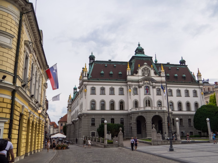 Ljubljana, Slovenia - July 6, 2025: View of the University of Ljubljana in Congress Square.