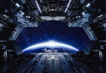 Karierne priložnosti za mlade v vesoljskem sektorju: razvoj slovenskega vesoljskega programa cilja na mlade Massive spaceship soaring through space with open bay doors, gliding above planet earth as the sun approaches the horizon. 3d render