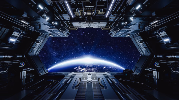 Massive spaceship soaring through space with open bay doors, gliding above planet earth as the sun approaches the horizon. 3d render