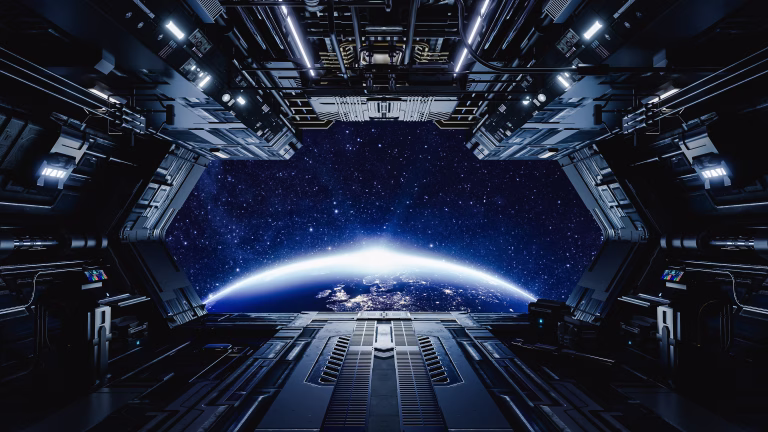 Massive spaceship soaring through space with open bay doors, gliding above planet earth as the sun approaches the horizon. 3d render