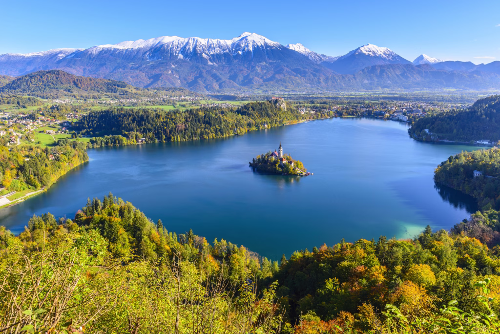 Panoramic view of Lake Bled from Mt. Osojnica, Slovenia
