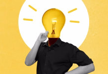 Šest prebojnih idej slovenskih fakultet, ki lahko spremenijo prihodnost Person with lightbulb head, symbolizing creativity, innovation, and having a bright idea, set against a vibrant yellow background with minimalist graphic elements.