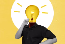 Večina ljudi meri inteligenco narobe: kam spadate med teh 8 tipov inteligentnosti? Person with lightbulb head, symbolizing creativity, innovation, and having a bright idea, set against a vibrant yellow background with minimalist graphic elements.