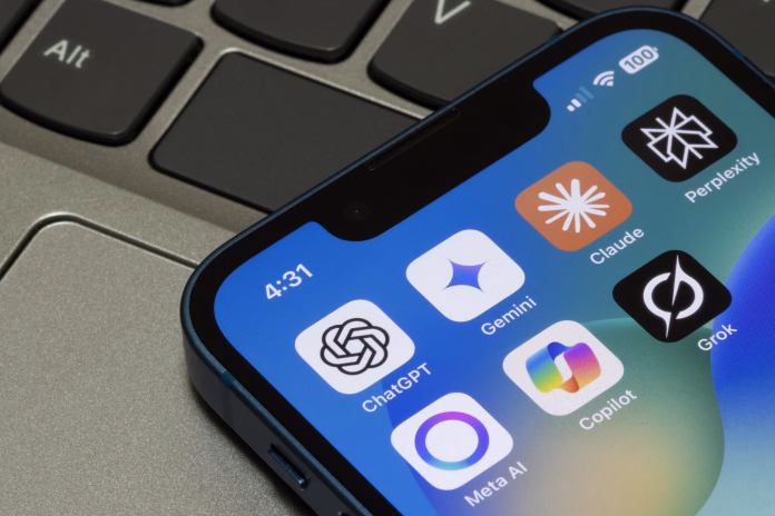 Portland, OR, USA - May 2, 2025: Assorted AI apps, including ChatGPT, Gemini, Claude, Perplexity, Meta AI, Microsoft Copilot, and Grok, are seen on the screen of an iPhone.