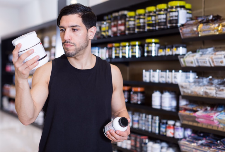 Serious muscular guy holding sport nutrition products in sport shop