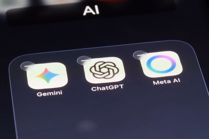 Shanghai,China-August 29th 2025: ChatGPT, Gemini and Meta AI app icons on screen