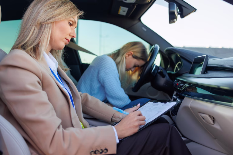 Stressed Learner Driver During Practical Exam with Instructor Taking Notes Inside Car
