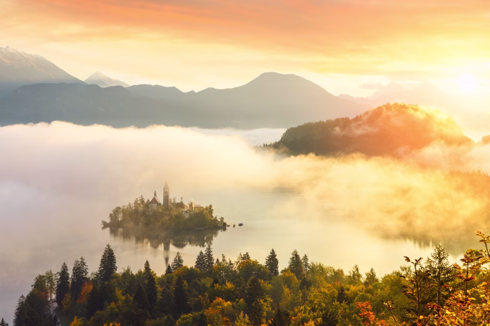 Sunrise at lake Bled from Ojstrica viewpoint, Slovenia, Europe