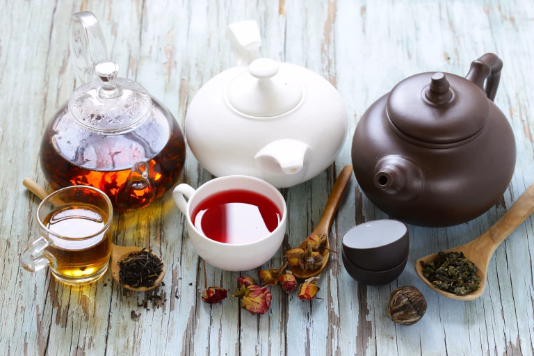 Tea Party Still Life assortment tea, black, green, fruit