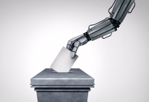 Bi lahko ‘umetni volivci’ vplivali na demokratične procese? AI and Election vote as Artificial intelligence using autonomous voting technologies disrupting elections as machine democracy as a robot voter casting a vote as a political Cybersecurity issue.