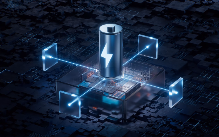 Battery with technological circuit background, 3d rendering. 3D illustration.