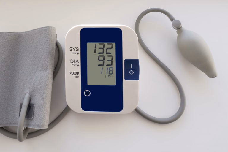 Blood preassure and pulse measurement tool on white background. Electronic medical equipment for personal usage.