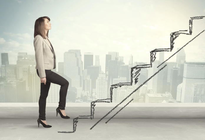Business woman climbing up on hand drawn staircase concept on city background