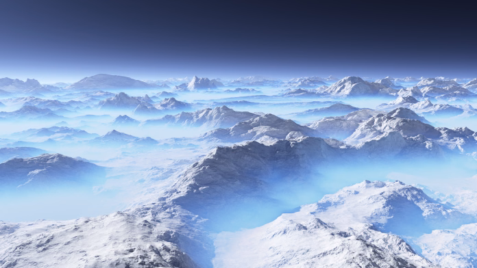 Frozen planet. Alien landscape, 3D rendering