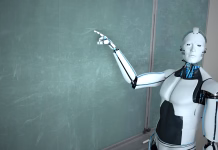 Mladi se glede tega redko obrnejo na univerziteto Humanoid robot in the classroom with a green chalk board. 3d illustration.