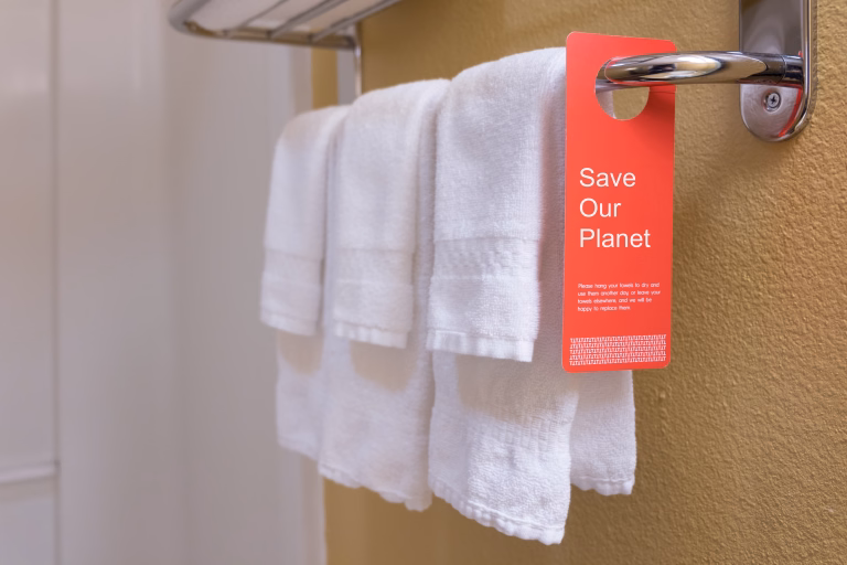 Save water sign label on hotel encourage guest reuse bath towel