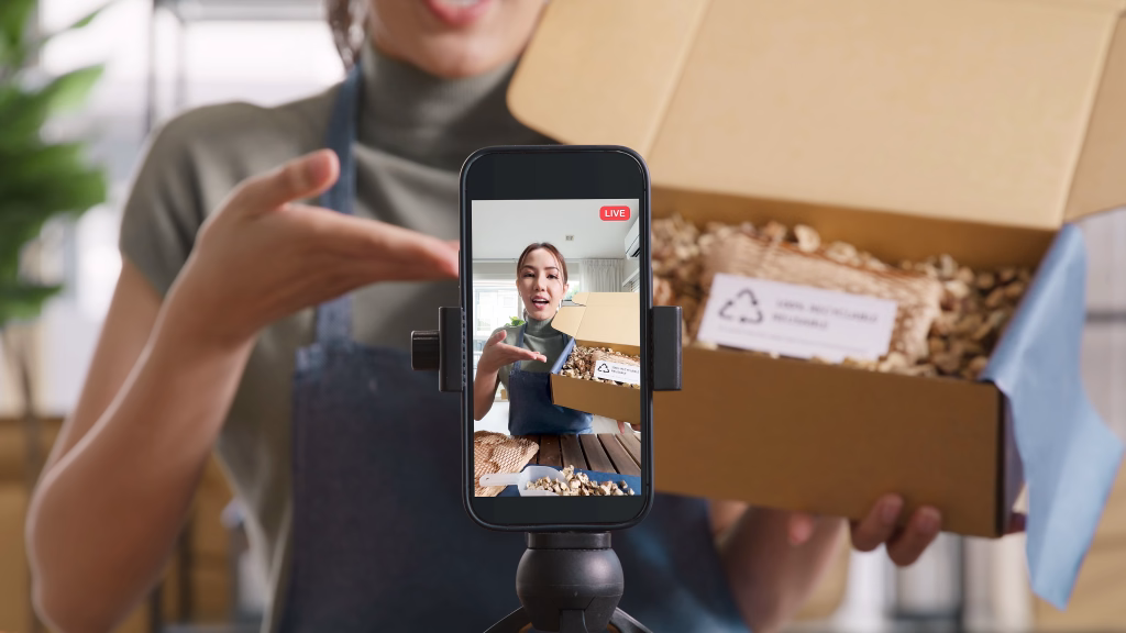 SME owner go green net zero retail store live stream talk on phone showing eco care plastic free packaging box. Asia people young woman record video on tiktok IG reel instagram shop happy side hustle.