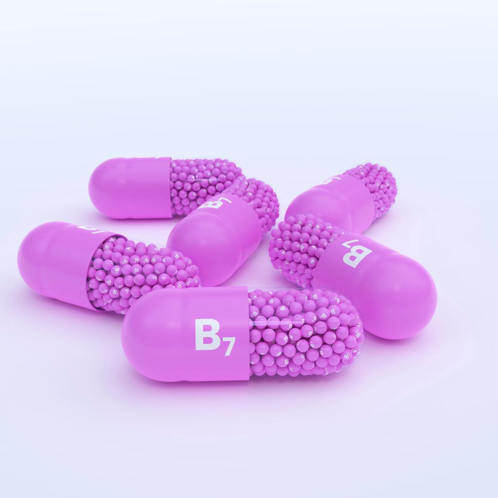 Vitamin B7 With Pink Capsules, Granules and White Background