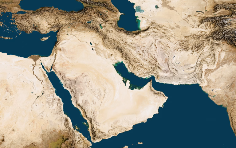 3D illustration of a highly detailed map of the Middle East. Satellite view. Elements of this image furnished by NASA.*https://www.blender.org/*https://science.nasa.gov/earth/earth-observatory/collections/blue-marble/