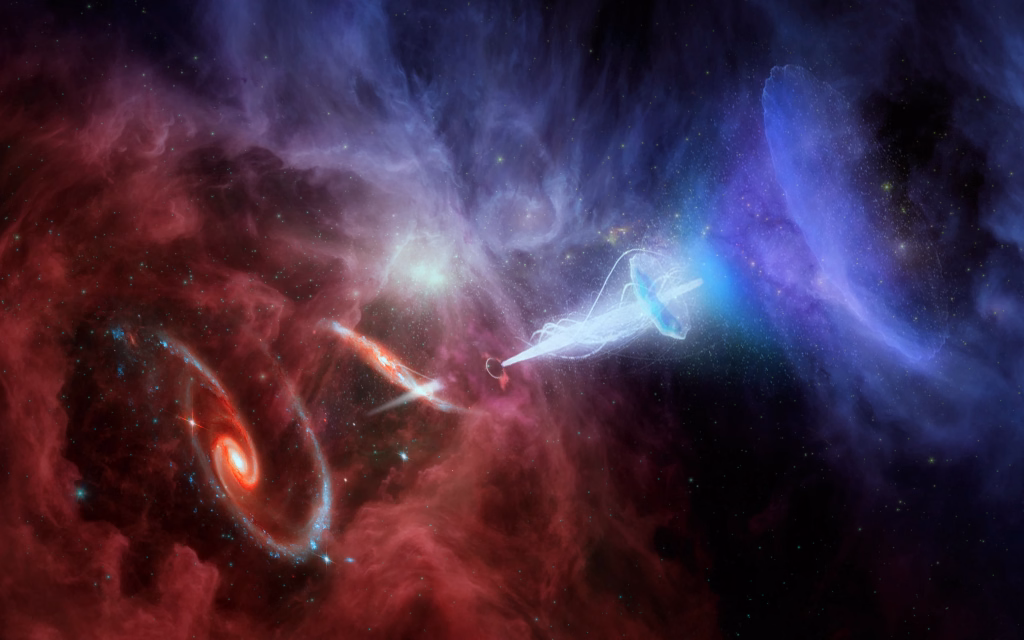 Background of fantasy space point of contact between matter and antimatter, transmission of energy. The elements of this image furnished by NASA./NASA urls: https://images.nasa.gov/details-PIA08653.html https://images.nasa.gov/details-GSFC_20171208_Archive_e001885.html (https://images-assets.nasa.gov/image/GSFC_20171208_Archive_e001885/GSFC_20171208_Archive_e001885~orig.jpg) https://public.nrao.edu/news/2018-alma-cosmic-explosion/ (https://public.nrao.edu/wp-content/uploads/2018/07/nrao18cb14_Finalstill-1170x600.jpg)