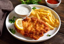 Dolga leta so nam trdili, da povzroča debelost, a resnica vendarle drugačna: Ta sestavina vas drži site ure in spodbuja hujšanje Breaded wiener schnitzel with potato fries and sauce on wooden table. Close up vuew