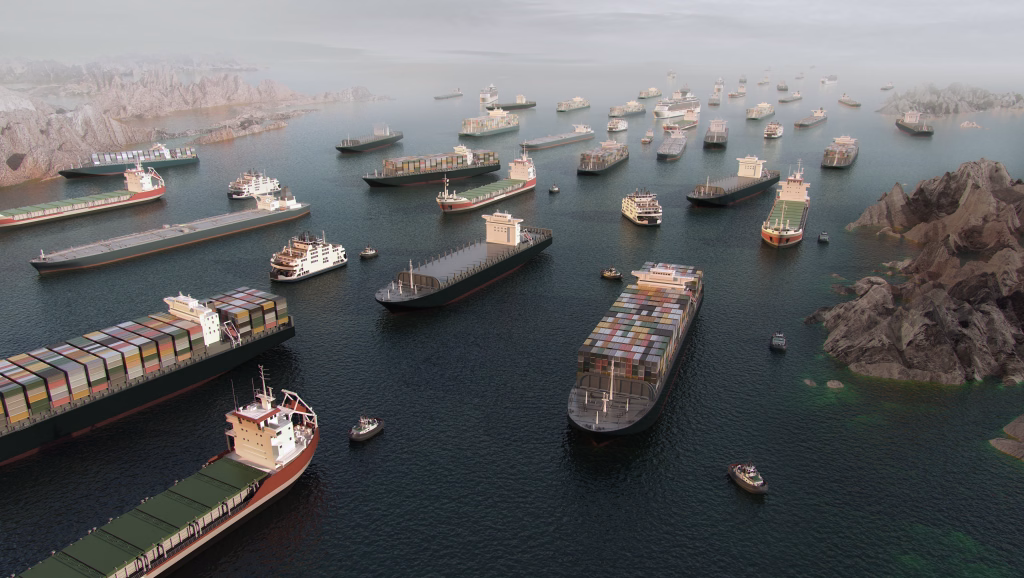 Cargo vessels congestion blocking maritime traffic in the Strait of Hormuz, tankers and container cargo ships clustered in aerial 3D illustration render. Strategic maritime chokepoint linking the Persian Gulf and Gulf of Oman. Global trade dependency, export logistics, freight transport, supply chain vulnerability, geopolitical tension 3D