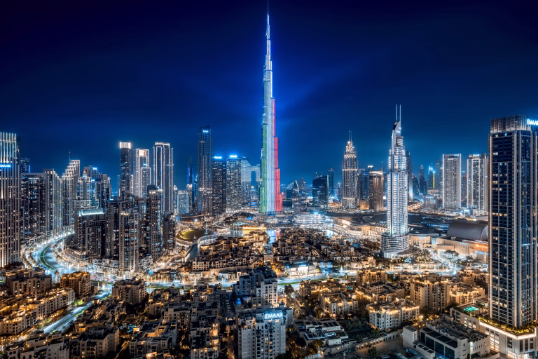 DUBAI, VAE - 02. June 2024 the skyline of dubai with the famous burj khalifa at night