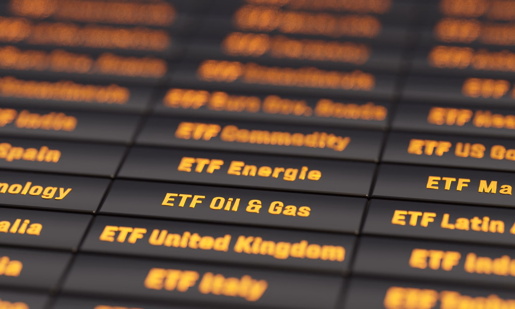 ETF Oil and Gas exchange-traded fund, investment opportunities. Stock market, energy investment, financial market, growth, wealth. 3D illustration