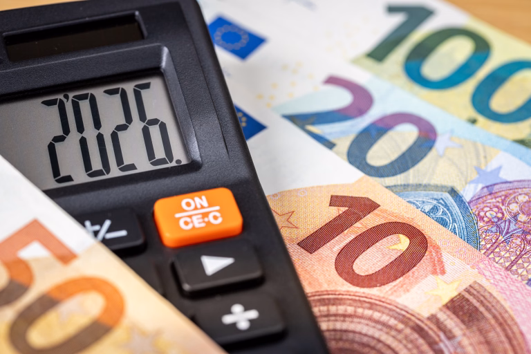 Eurozone 2026 year. Financial business concept. Money and calculator with date 2026. Market analysis. Euro currency.  exchange rate. Economic background. close up