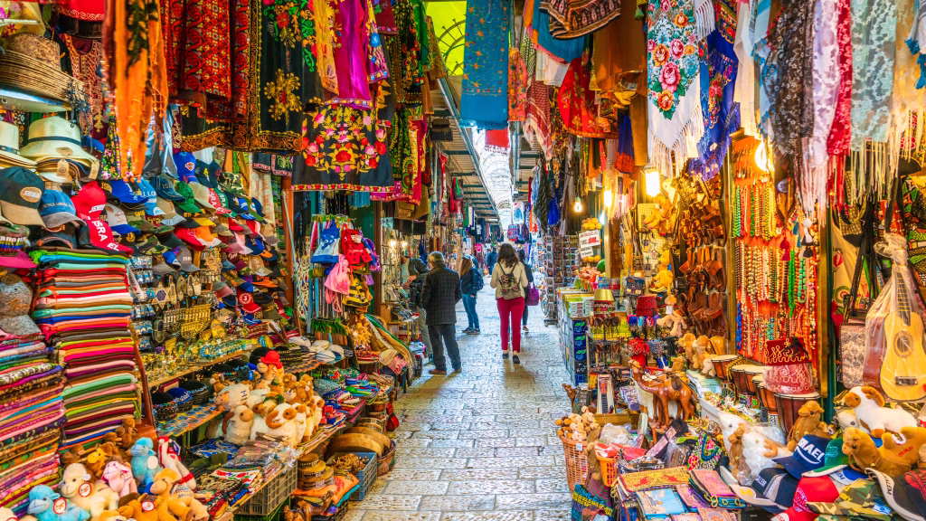 Jerusalem, Israel - March 27, 2019: View of souvenir market in old city Jerusalem, Israel