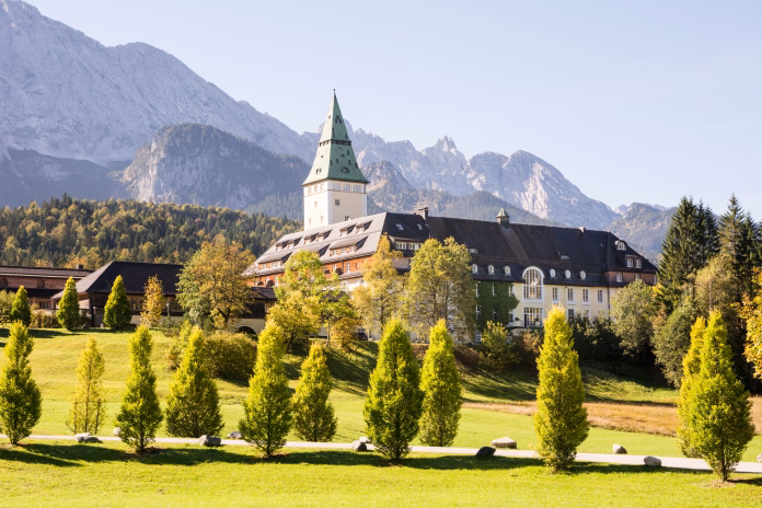 Klais, Germany - September 28, 2014: Schloss Elmau in Klais. The castle which is now a luxury hotel will be the site of the G7 summit in 2015. Foto taken from Elmauer Weg with view to the castle.