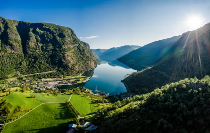 Aurlandsfjord Town Of Flam at dawn. Beautiful Nature Norway natural landscape.