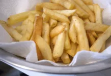 Domači pomfrit brez olja: tako pripravite hrustljave krompirčke brez cvrtja v olju Close-up of freshly fried french fries resting on paper towel showing oil absorption, unhealthy eating habits and everyday lifestyle choices in natural condition with Copy Space.