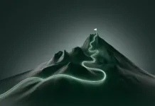 Koliko poti vodi na Šmarno goro? Glowing path leading to flag on peak of futuristic mountain. Concept of success, growth and achievement of goals. 3d illustration, copy space.