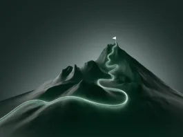 Glowing path leading to flag on peak of futuristic mountain. Concept of success, growth and achievement of goals. 3d illustration, copy space.