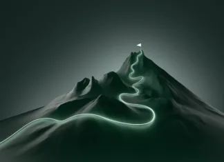 Koliko poti vodi na Šmarno goro? Glowing path leading to flag on peak of futuristic mountain. Concept of success, growth and achievement of goals. 3d illustration, copy space.
