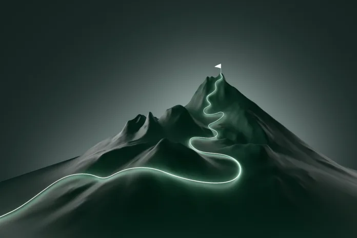 Glowing path leading to flag on peak of futuristic mountain. Concept of success, growth and achievement of goals. 3d illustration, copy space.