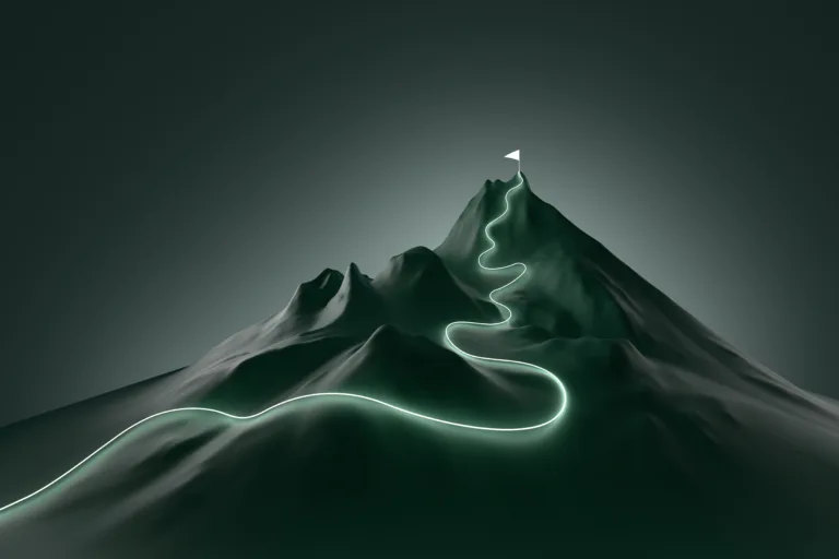 Glowing path leading to flag on peak of futuristic mountain. Concept of success, growth and achievement of goals. 3d illustration, copy space.