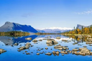 Lake at a mountainous wilderness at Sarek national park in the north of Sweden