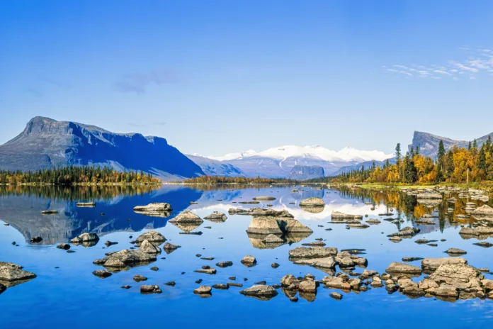 Lake at a mountainous wilderness at Sarek national park in the north of Sweden
